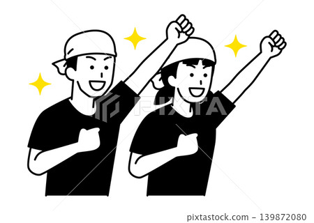 Male and female staff members of an izakaya celebrate with a fist pump. Male and female staff members of an izakaya celebrate with a fist pump. 139872080
