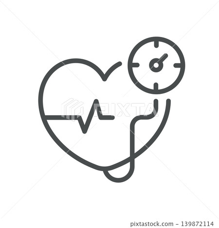 Blood Pressure Check Line Icon. Heart Monitor with Stethoscope and Gauge Medical Diagnosis Symbol, Editable Vector Isolated on White. 139872114