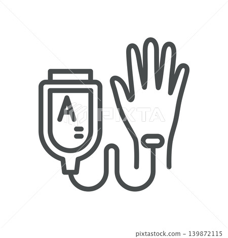 Blood Transfusion Line Icon. IV Blood Bag and Patient Hand Medical Donation Symbol, Editable Stroke Vector Isolated on White Background. 139872115