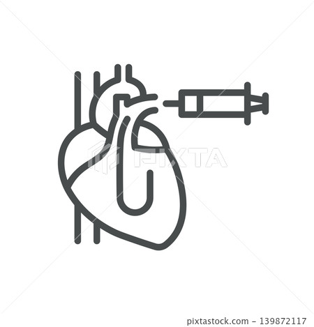 Cardiac Catheter Line Icon. Heart Catheterization and Injection Medical Procedure Symbol, Editable Stroke Vector Isolated on White Background. 139872117