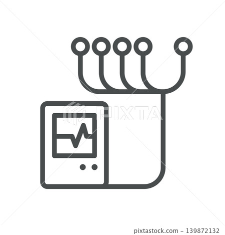 Heart Telemetry Icon. Thin Line Illustration of Holter Monitor Device with Multiple ECG Electrode Leads, Symbolizing Cardiac Telemetry, Remote Heart Monitoring and Arrhythmia Detection. Vector. 139872132