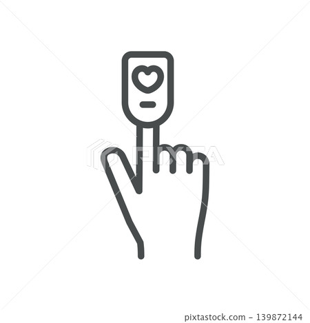 Finger Pulse Oximeter Icon. Thin Line Illustration of Finger Clip Oximeter on Hand with Heart Symbol, Symbolizing Blood Oxygen Measurement, Heart Rate Monitoring and Patient Care. Isolated Vector. Finger Pulse Oximeter Icon. Thin Line Illustration of Finger Clip Oximeter on Hand with Heart Symbol, Symbolizing Blood Oxygen Measurement, Heart Rate Monitoring and Patient Care. Isolated Vector. 139872144
