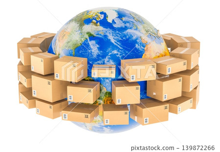 Earth globe surrounded by cardboard boxes representing global shipping, logistics and ecommerce delivery, 3d rendering Earth globe surrounded by cardboard boxes representing global shipping, logistics and ecommerce delivery, 3d rendering 139872266