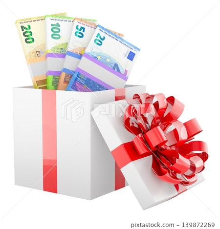 Gift box with euro banknotes inside, 3d rendering Gift box with euro banknotes inside, 3d rendering 139872269