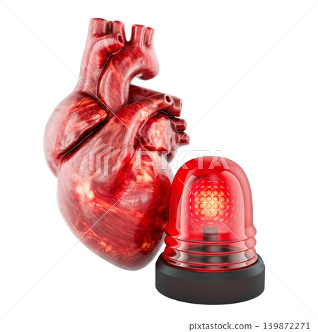 Human heart with red emergency siren symbolizing cardiac alert and medical emergency, 3d rendering Human heart with red emergency siren symbolizing cardiac alert and medical emergency, 3d rendering 139872271