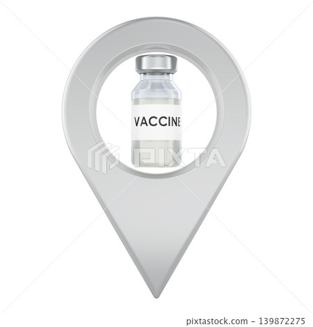 Location marker with vaccine vial inside, representing vaccination point and vaccine availability. 3d rendering Location marker with vaccine vial inside, representing vaccination point and vaccine availability. 3d rendering 139872275