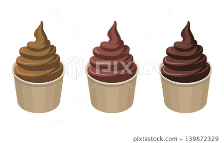 Chocolate cup soft serve ice cream in a set of three different colors. 139872329