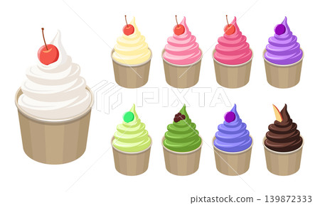 A variety set of soft-serve ice cream cups topped with fruit. A variety set of soft-serve ice cream cups topped with fruit. 139872333