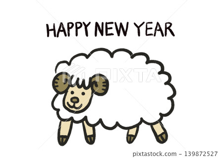 Cute sheep illustration for a New Year's card with the words "HAPPY NEW YEAR" (horizontal composition, PNG format) 139872527