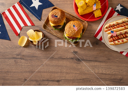 American barbecue food frame with burgers hot dogs and patriotic decorations American barbecue food frame with burgers hot dogs and patriotic decorations 139872583