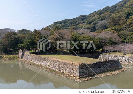 從萩城遺址可以看到伸入護城河的角石牆以及周圍的森林(萩市)。 從萩城遺址可以看到伸入護城河的角石牆以及周圍的森林(萩市)。 139872609
