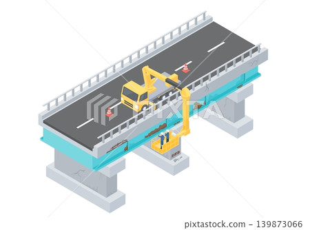 An illustration showing a bridge inspection vehicle being used to inspect an aging bridge. 139873066
