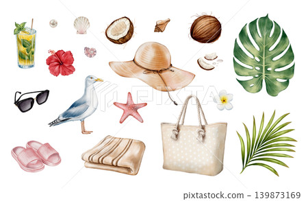 Beach Vacation Collection Watercolor Illustration 139873169