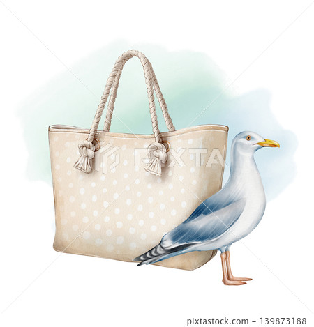 Beach Bag and Seagull Watercolor Illustration Beach Bag and Seagull Watercolor Illustration 139873188