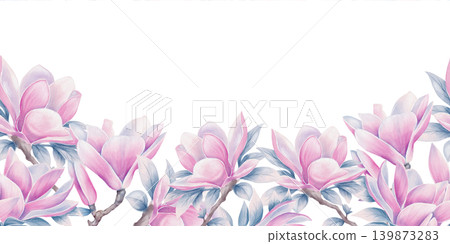 Magnolia Flower Seamless Border Pattern Watercolor Illustration Magnolia Flower Seamless Border Pattern Watercolor Illustration 139873283