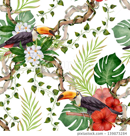 Tropical Toucan and Hibiscus Seamless Pattern 139873284