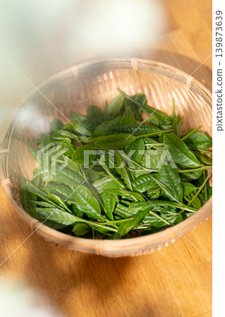 Tea leaves, sprouts, basket 139873639