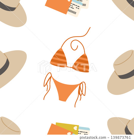 Summer Bikini Travel Pattern with Beach Hats and Tickets Vector Summer Bikini Travel Pattern with Beach Hats and Tickets Vector 139873761