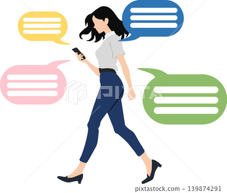 Illustration of a woman looking at her smartphone Illustration of a woman looking at her smartphone 139874291