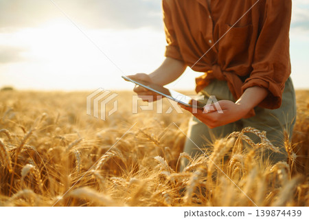 Young woman stands in field of wheat as sun sets. She holds a document, smiles. Young woman stands in field of wheat as sun sets. She holds a document, smiles. 139874439