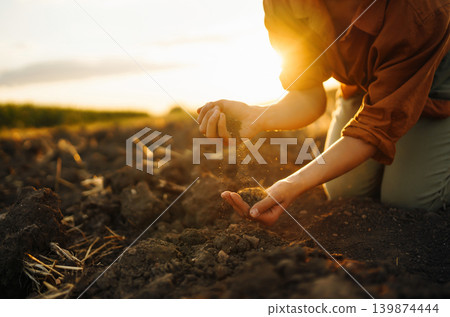 Female hands touching soil on the field. Agriculture, gardening or ecology concept 139874444