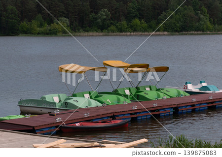 Pedal boats docked on a lake pier 139875083