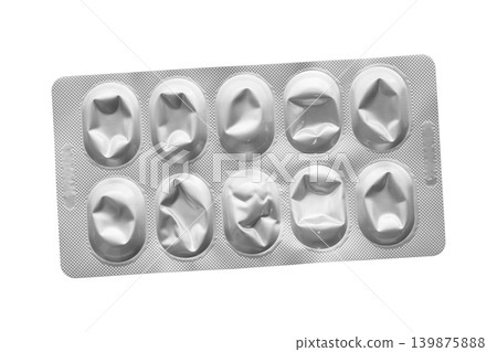 Empty medicine aluminium foil silver blister packaging isolated on white background Empty medicine aluminium foil silver blister packaging isolated on white background 139875888