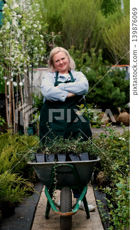 Portrait of a happy female gardener against the backdrop of bright greenery in her garden. The woman is pushing a garden cart filled with lingonberry and cranberry seedlings Portrait of a happy female gardener against the backdrop of bright greenery in her garden. The woman is pushing a garden cart filled with lingonberry and cranberry seedlings 139876069