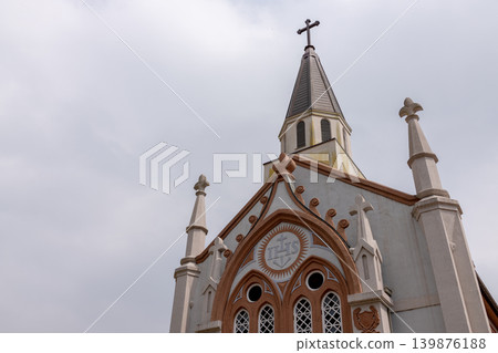 Details of the facade and spire of the Gothic Catholic church in Tsuwano Details of the facade and spire of the Gothic Catholic church in Tsuwano 139876188