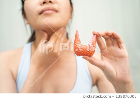 Hyperthyroidism, Overactive Thyroid, Thyroid Lymphoma, Asian woman with thyroid gland human anatomy model. 139876305