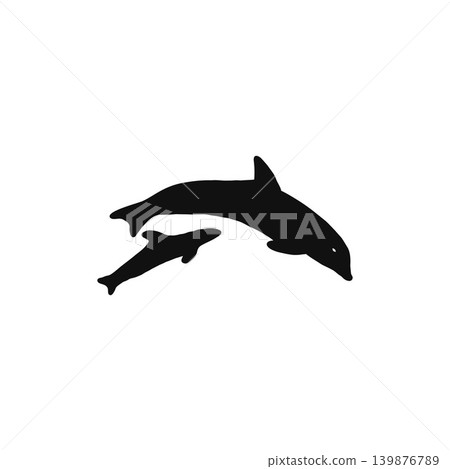 Silhouette illustration of a mother and baby dolphin jumping out of the sea - aquarium and marine life related material Silhouette illustration of a mother and baby dolphin jumping out of the sea - aquarium and marine life related material 139876789
