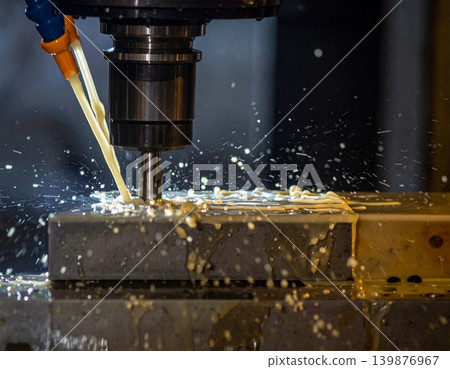 CNC milling machine processing on steel with cooling, coolant milk in the metal CNC milling machine processing on steel with cooling, coolant milk in the metal 139876967