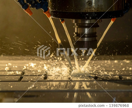 CNC milling machine processing on steel with cooling, coolant milk in the metal CNC milling machine processing on steel with cooling, coolant milk in the metal 139876968