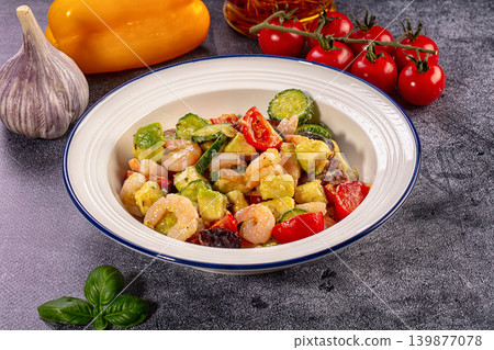 Fresh shrimp and avocado salad with cherry tomatoes and cucumber Fresh shrimp and avocado salad with cherry tomatoes and cucumber 139877078