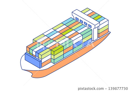 Isometric illustration icon of a cargo ship loaded with colorful containers Isometric illustration icon of a cargo ship loaded with colorful containers 139877730