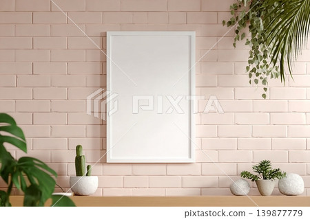 Clean and minimalist front view portrait white photo or poster frame mockup hanging on the brick wall with blurry plant. 3d rendering. Clean and minimalist front view portrait white photo or poster frame mockup hanging on the brick wall with blurry plant. 3d rendering. 139877779