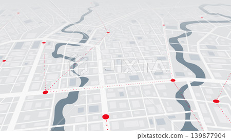 Perspective GPS navigation on a city map with red location markers. Vector illustration. Perspective GPS navigation on a city map with red location markers. Vector illustration. 139877904