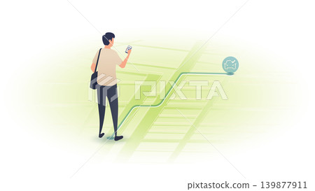 Man using a mobile phone app to order a ride or car rental online. Vector illustration. Man using a mobile phone app to order a ride or car rental online. Vector illustration. 139877911
