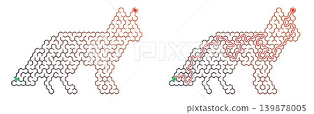 Hexagonal Maze for kids activity in the shape of a fox. Solved and unsolved labyrinth game with red path. Logic challenge and problem solving concept Hexagonal Maze for kids activity in the shape of a fox. Solved and unsolved labyrinth game with red path. Logic challenge and problem solving concept 139878005