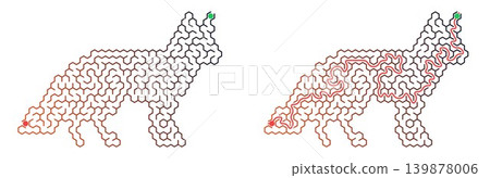 Hexagonal Maze for kids activity in the shape of a wolf. Solved and unsolved labyrinth game with red path. Logic challenge and problem solving concept Hexagonal Maze for kids activity in the shape of a wolf. Solved and unsolved labyrinth game with red path. Logic challenge and problem solving concept 139878006