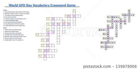 World UFO Day vocabulary crossword game. Solved and unsolved word puzzle with space clues. Educational science fiction activity World UFO Day vocabulary crossword game. Solved and unsolved word puzzle with space clues. Educational science fiction activity 139878008