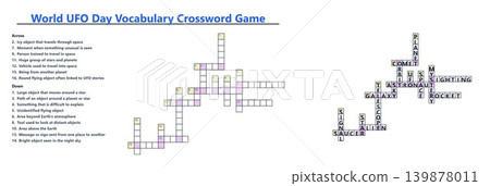World UFO Day Vocabulary Crossword Game. Educational space worksheet with clues and answers. Transparent background World UFO Day Vocabulary Crossword Game. Educational space worksheet with clues and answers. Transparent background 139878011