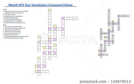 World UFO Day vocabulary crossword game. Empty and solved puzzle template with clues. Educational space and alien word activity worksheet World UFO Day vocabulary crossword game. Empty and solved puzzle template with clues. Educational space and alien word activity worksheet 139878013