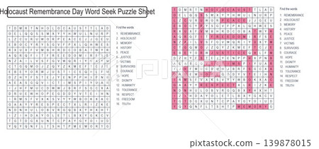 Holocaust Remembrance Day word seek puzzle sheet. Empty and solved word search template. Educational history activity worksheet Holocaust Remembrance Day word seek puzzle sheet. Empty and solved word search template. Educational history activity worksheet 139878015