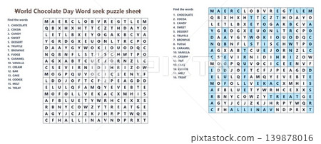 World Chocolate Day word search puzzle sheet. Unsolved and solved word seek game with chocolate related vocabulary. Educational printable activity for kids and adults World Chocolate Day word search puzzle sheet. Unsolved and solved word seek game with chocolate related vocabulary. Educational printable activity for kids and adults 139878016