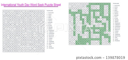 International Youth Day Word Seek Puzzle Sheet. Educational game with hidden words International Youth Day Word Seek Puzzle Sheet. Educational game with hidden words 139878019