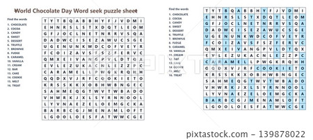 World Chocolate Day Word seek puzzle sheet. Printable educational game with answer key 139878022
