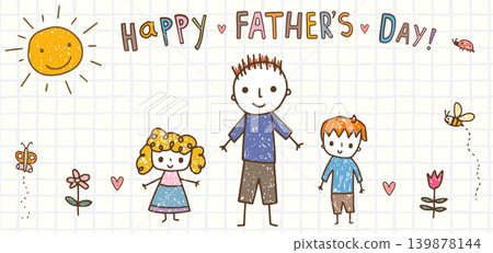 Happy Fathers Day hand drawn doodle vector banner with cute childlike drawings of dad, daughter and son, Childish crayon sketch fatherhood greeting card Happy Fathers Day hand drawn doodle vector banner with cute childlike drawings of dad, daughter and son, Childish crayon sketch fatherhood greeting card 139878144