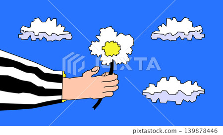 Minimalist vector illustration of a human hand holding a white daisy flower. The background is a bright blue sky with stylized white clouds. Bold colors and clean outlines. Modern, abstract 139878446