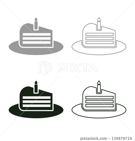 Piece of cake slice with candle set icon grey black color vector illustration image solid fill outline contour line thin flat style Piece of cake slice with candle set icon grey black color vector illustration image solid fill outline contour line thin flat style 139878719